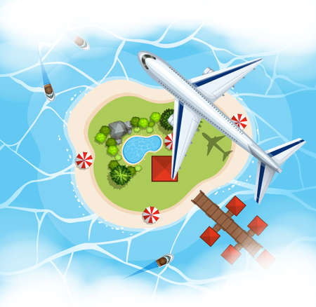 Aerial scene with airplane flying over island illustrationのイラスト素材