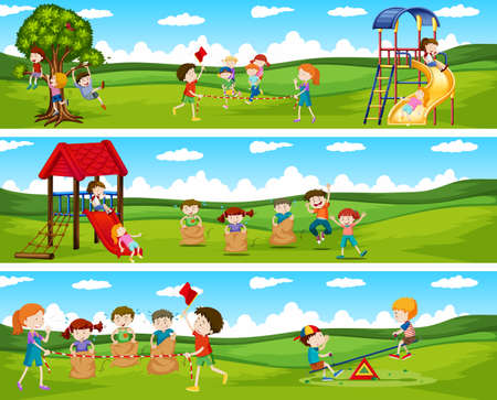 Children playing games in the park illustrationのイラスト素材