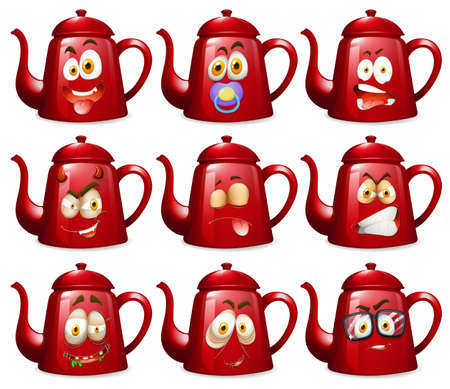 Red teapots with facial expressions illustrationのイラスト素材