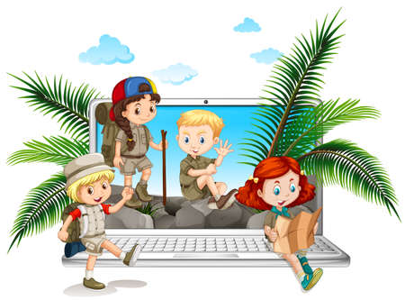 Children in safari outfit on computer screen illustrationのイラスト素材