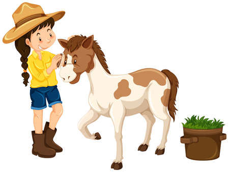 Farm girl with little pony illustrationのイラスト素材