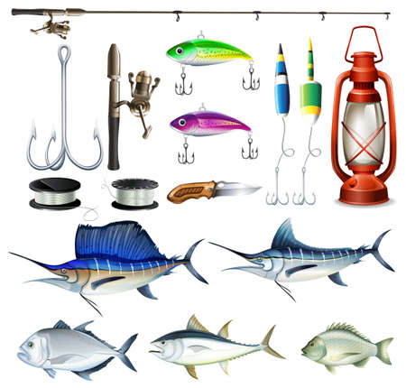 Fishing set with equipment and fish illustrationのイラスト素材
