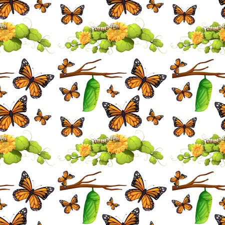Seamless background with butterflies and leaves illustrationのイラスト素材