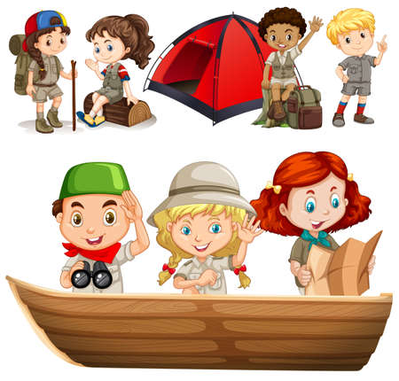 Boys and girls with camping equipment illustrationのイラスト素材