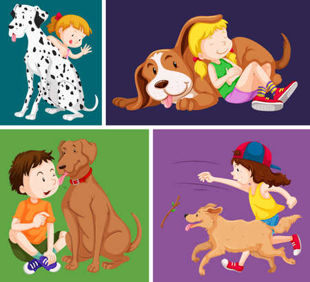 Children and cute dogs illustrationのイラスト素材