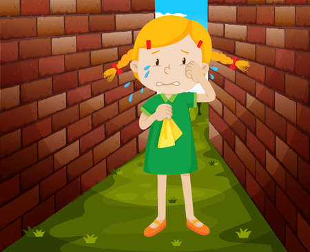 Little girl crying alone illustrationのイラスト素材