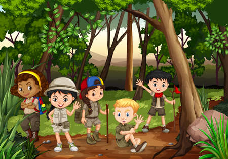 Children camping out in the woods illustrationのイラスト素材