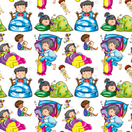 Seamless background of children in bed illustrationのイラスト素材