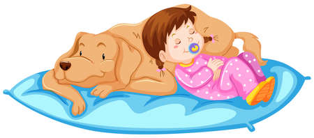 Little girl sleeping with pet dog illustrationのイラスト素材