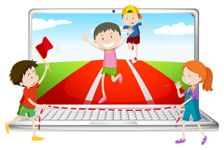 Computer screen with children running in race illustrationのイラスト素材