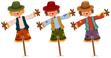 Three scarecrows on wooden sticks illustrationのイラスト素材