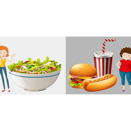 Two women eat different types of food illustrationのイラスト素材