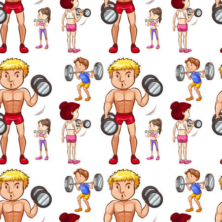 Seamless background with people doing weightlifting illustrationのイラスト素材