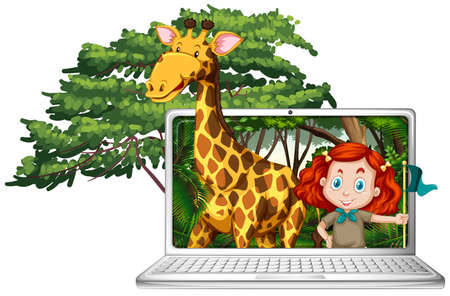Girl and giraffe on computer screen illustrationのイラスト素材