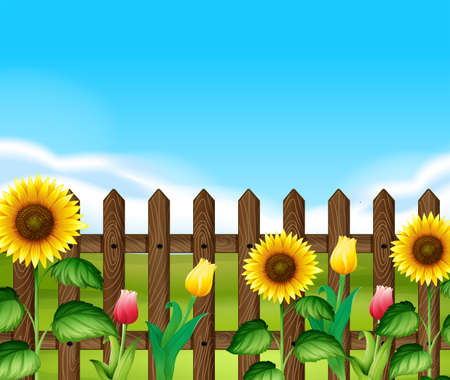 Wooden fence with flowers in the garden illustrationのイラスト素材