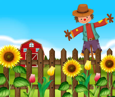 Scarecrow in the sunflower field illustrationのイラスト素材