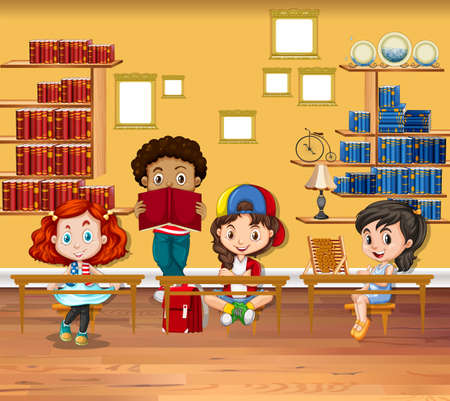Children reading books in the classroom illustrationのイラスト素材