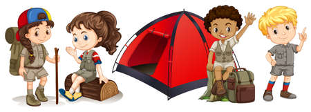 Children camping and hiking illustrationのイラスト素材