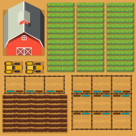 Aerial scene of farmland with barn and crops illustrationのイラスト素材