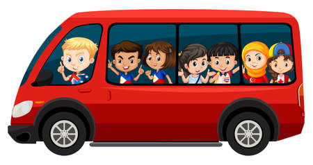 Children riding on red van illustrationのイラスト素材