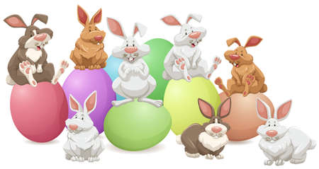 Many rabbits on colorful eggs illustrationのイラスト素材