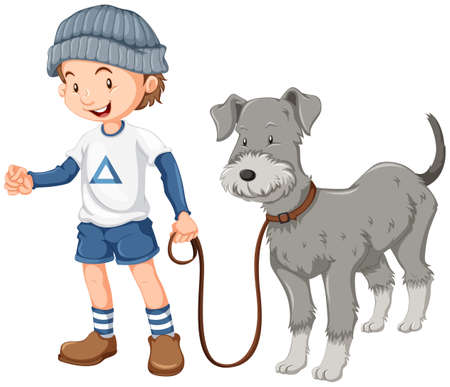 Little boy taking dog out for a walk illustrationのイラスト素材