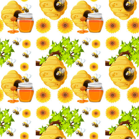 Seamless background with bees and beehives illustrationのイラスト素材