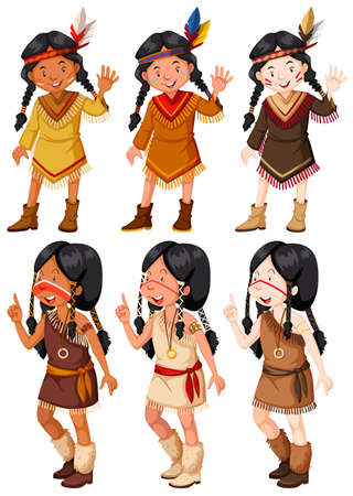 Native American Indian girls waving illustrationのイラスト素材