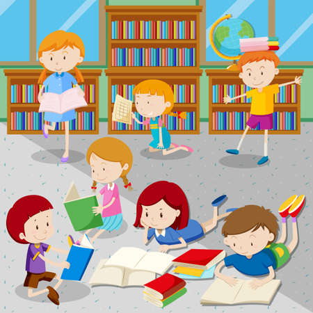 Students reading books in library illustrationのイラスト素材