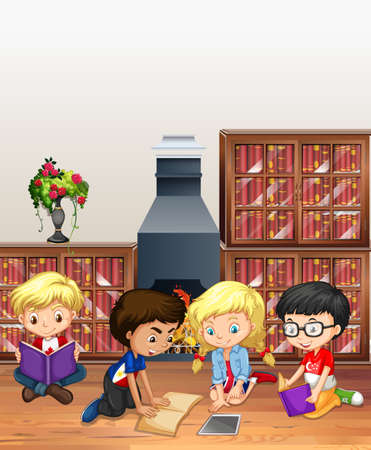 Children reading books in the library illustrationのイラスト素材