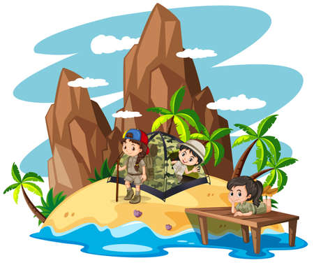 Children camping out on island illustrationのイラスト素材