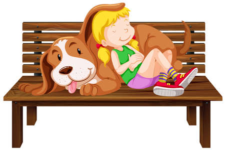 Girl and dog on the bench illustrationのイラスト素材