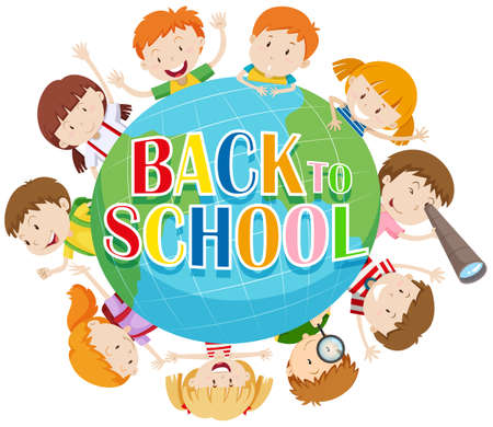 Back to school theme with kids around the globe illustrationのイラスト素材