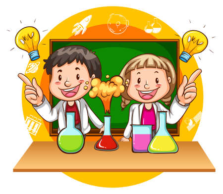 Boy and girl doing science experiment illustrationのイラスト素材