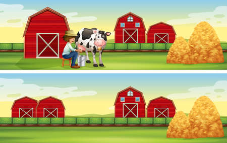 Farmer milking cow in the farm illustrationのイラスト素材