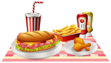 Sandwiches and fried chicken on the table illustrationのイラスト素材