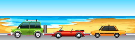 Three cars parking by the beach illustrationのイラスト素材