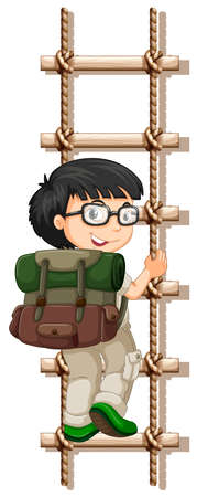 Boy with glasses climbing up ladder illustrationのイラスト素材