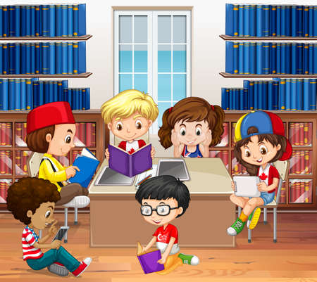 Boys and girls reading in library illustrationのイラスト素材