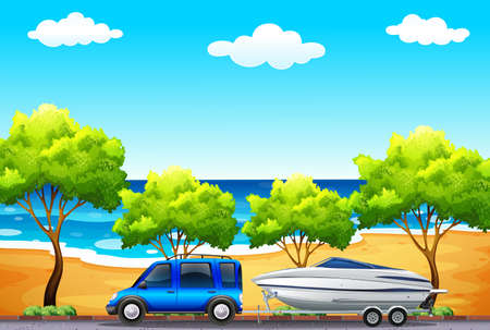 Car pulling boat near the beach illustrationのイラスト素材