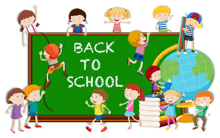 Back to school theme with kids and board illustrationのイラスト素材