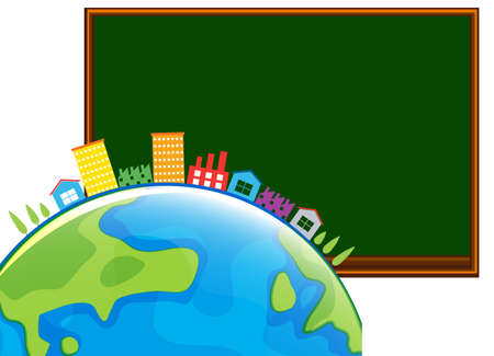 Blackboard and houses around the world illustrationのイラスト素材