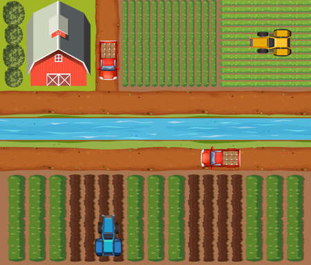 Aerial scene of farmlands with crops and barn illustrationのイラスト素材