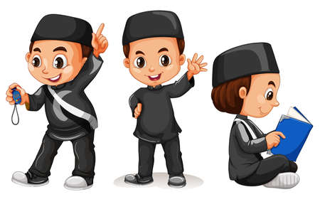 Muslim boy in black costume illustrationのイラスト素材