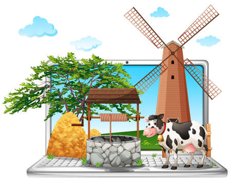 Cow and well on computer screen illustrationのイラスト素材