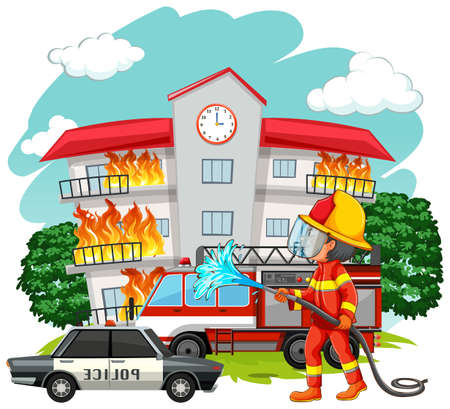 Fire fighter at fire scene illustrationのイラスト素材