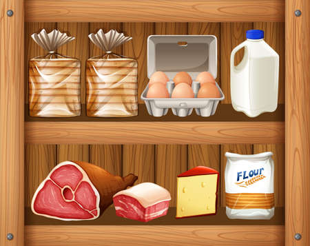 Different kinds of food on wooden shelf illustrationのイラスト素材