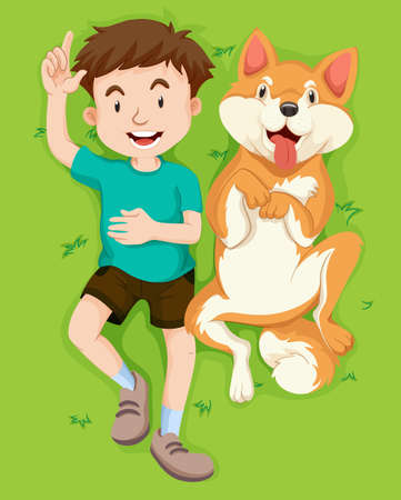 Boy and dog on the grass illustrationのイラスト素材