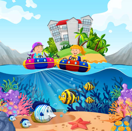 Two kids riding on rubber boats in ocean illustrationのイラスト素材