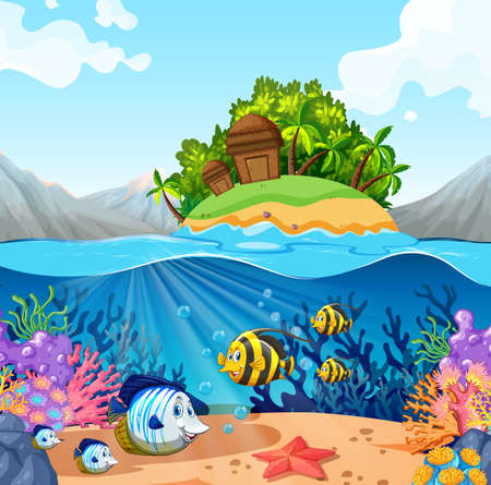 Ocean view with island and fish underwater illustrationのイラスト素材